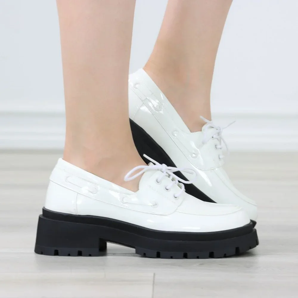 Womens Chunky Penny Loafer Lug Sole Slip On Platform White Patent Lace Up - Picture 2 of 15